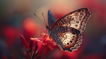 Butterfly on red flower in the garden. Selective focus.の素材