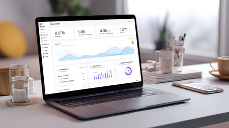 Workplace with laptop on table in office, closeup. Business and finance conceptの素材