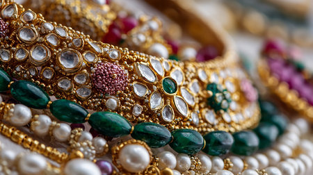 Close-up of gold and silver bracelets on white background.の素材