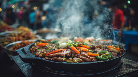 Grilled meat with vegetables on a barbecue grill. Selective focus.の素材