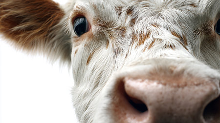 Close-up of the face of a cow on a white backgroundの素材