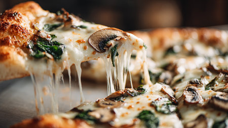 Pizza with mushrooms, cheese and spinach on a wooden table.の素材