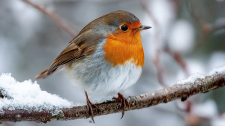 robin sitting on a branch in the winter forest. close-upの素材