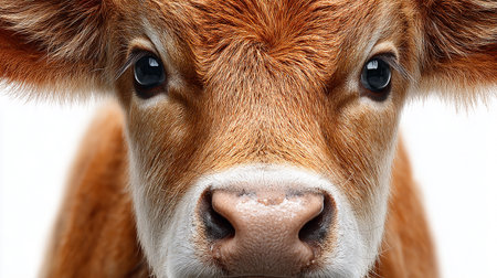 Close-up portrait of a brown calf on a white background.の素材