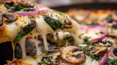Pizza with mushrooms, spinach, onions and mozzarella cheeseの素材