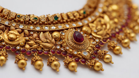 Close up of gold necklace with precious stones on a white background.の素材