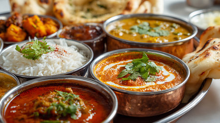 Assorted Indian food in metal bowls. Selective focus, shallow DOF.の素材