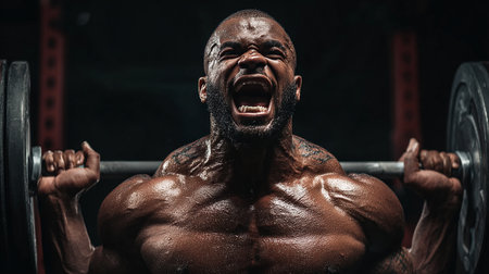 Athletic african american male bodybuilder posing in gym.の素材
