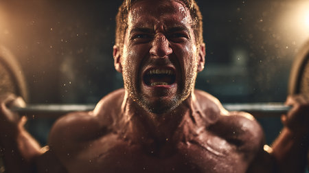 Close-up portrait of a strong athletic man with a pumped up body and a muscular body in the gymの素材