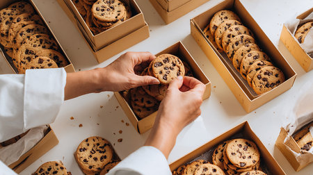 cropped view of woman taking cookies from box with chocolate chip cookiesの素材