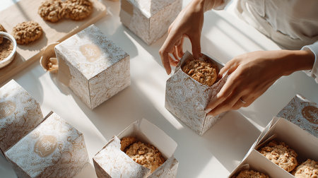 partial view of woman holding box with delicious oatmeal cookies on tableの素材