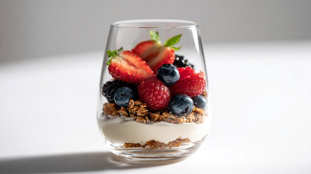 Granola with yogurt and berries in a glass on a white backgroundの素材