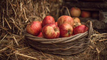 Ripe red apples in a wicker basket on a background of hayの素材
