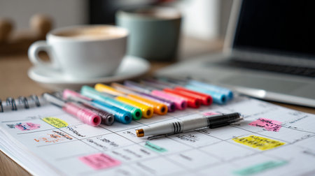 Close up of office desk with laptop, notepad and coffee cup.の素材