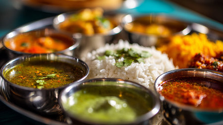 Assorted indian food in brass bowls. Selective focus.の素材