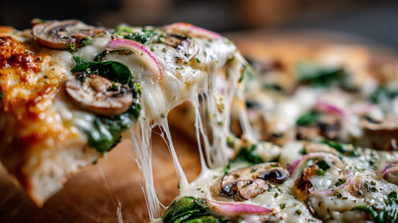 Pizza with mushrooms, onions and spinach on a wooden board.の素材