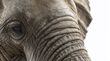 Close up of an african elephant's head on a white backgroundの素材