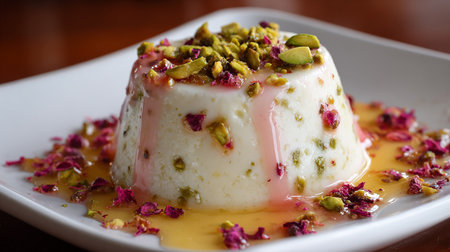 Panna cotta with pistachios and caramel on white plateの素材