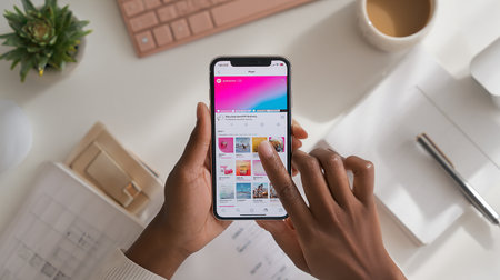 Woman hands holding iPhone X with Instagram application on the screen. Instagram is a photo-sharing social networking service.の素材