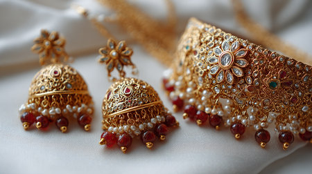 Close up of golden earrings and bracelets on a white backgroundの素材