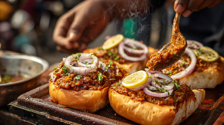 Bread with spicy minced meat and onions on a wooden board.の素材