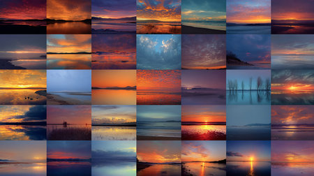 Collage of beautiful sunset over the sea. Collage of photos.の素材