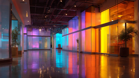 Interior of a modern shopping mall, illuminated by colorful lights.の素材