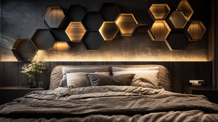 Interior of modern bedroom with dark wooden walls, concrete floor, comfortable king size bed and brown wooden bedside tables. 3d renderingの素材