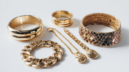 Gold bracelets, rings and earrings on a white background.の素材