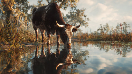 Cow drinking water from a puddle in the meadow during the sunsetの素材