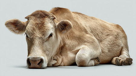 Cute brown cow isolated on a gray background, studio shot.の素材