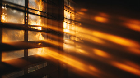 A closeup shot of a window with sunlight shining through the blindsの素材