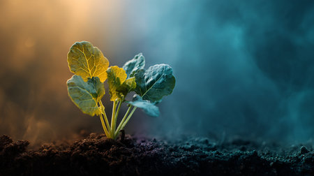Green seedling growing from soil on dark background with smoke, selective focusの素材