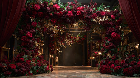 Wedding arch decorated with red roses. 3D rendering.の素材