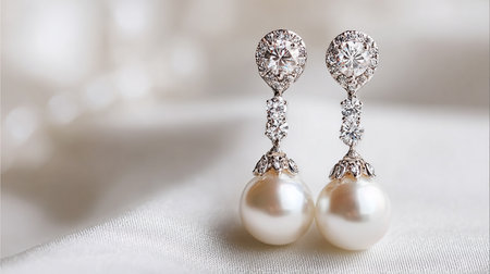 Silver earrings with pearls on a white background, close upの素材