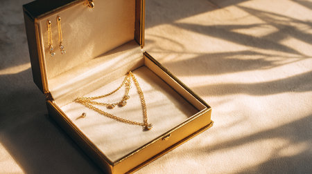 Gold jewelry box with a pendant in the form of a heart on a light backgroundの素材