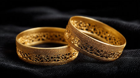 Two gold wedding rings on a black background. Close up shot.の素材