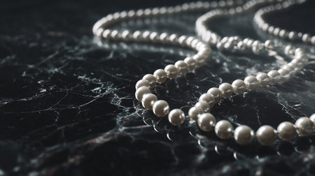 Pearl necklace on a black marble background. Shallow depth of fieldの素材