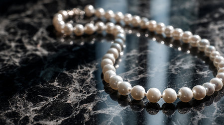 Pearl necklace on a black marble background. Shallow depth of field.の素材