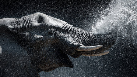 Elephant splashing water on black background, extreme close-upの素材