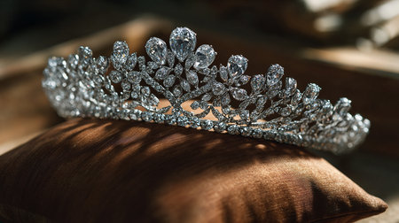 Close-up photo of a silver crown on a brown pillow.の素材