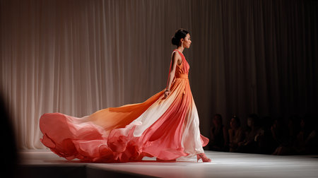 Fashion model wearing clothes designed by Robert Sever on the Zagreb Fashion Week show in Zagreb, Croatia.の素材