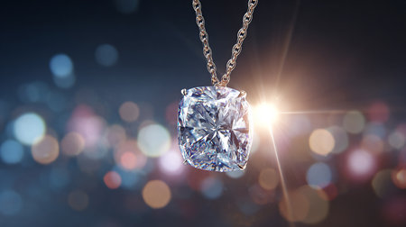 Diamond pendant on chain on bokeh background 3D renderingの素材