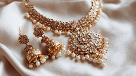 Gold jewelry on white satin background, close-up, selective focusの素材