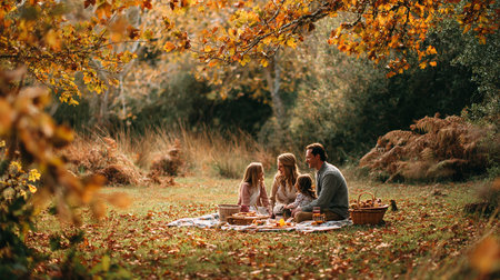 Happy family having picnic in autumn forest. Mother, father and children having fun together.の素材