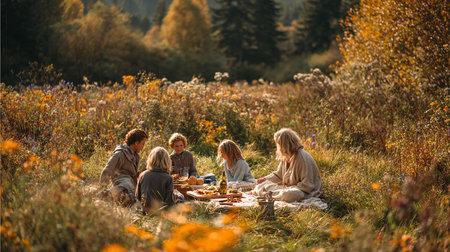 Group of friends having a picnic in the autumn forest. Group of young people having a picnic outdoors.の素材