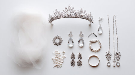 Wedding accessories on white background. Flat lay, top view.の素材