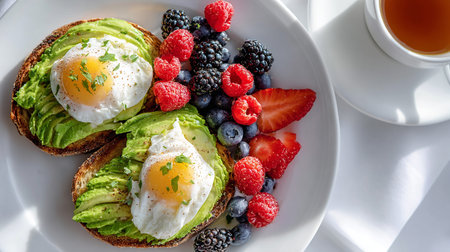 Toasts with avocado, eggs and berries on a white plate.の素材