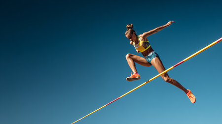 Athlete high jump woman in sportswear against blue skyの素材