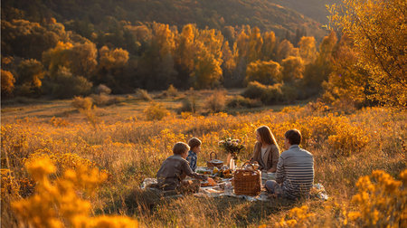 Happy family having picnic in autumn field at sunset. Mother, father and son having fun together.の素材